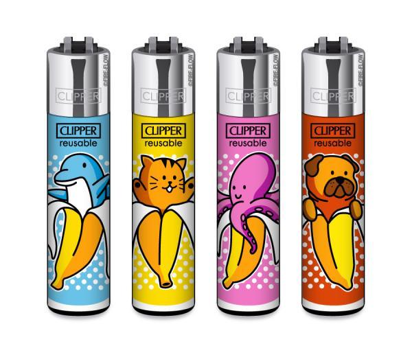 Clipper CLASSIC Large – Bananen 4er Set mit Delfin-, Katzen-, Oktopus- und Hundemotiv; nachfüllbar, Softflame, Stopfhilfe.
